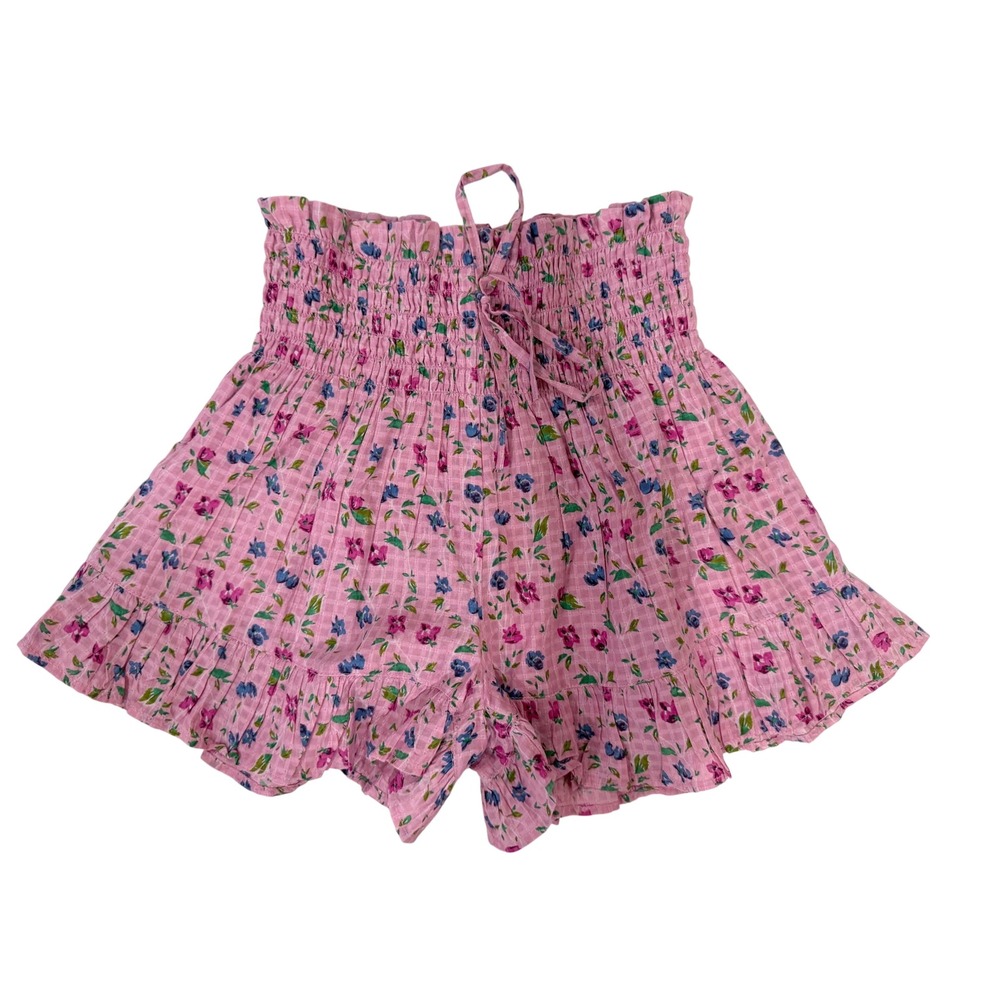 New Winston White Tayla Smocked Floral Shorts Womens L Pink Ruffle High Waist